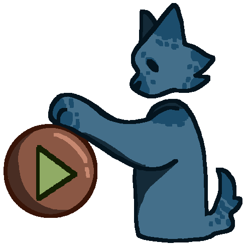 A drawing of a blue anthro dog. Their paw rests on a circular orange button with a green play symbol on it, and they are looking at the button. 